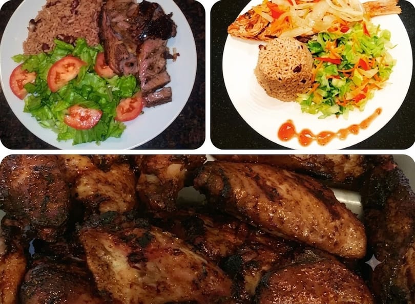 Collage of three Jamaican dishes: jerk chicken, fried fish, and sliced meat with rice and salad.