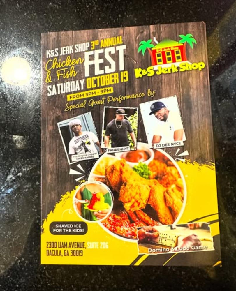 K&S Jerk Shop's 3rd Annual Chicken & Fish Fest flyer with food, performers, and event details.